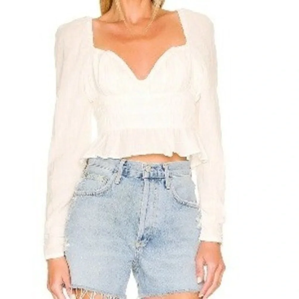 Free People Aurora Top Sweetheart Neck‎ White Smocked Peplum Boho Cottagecore M